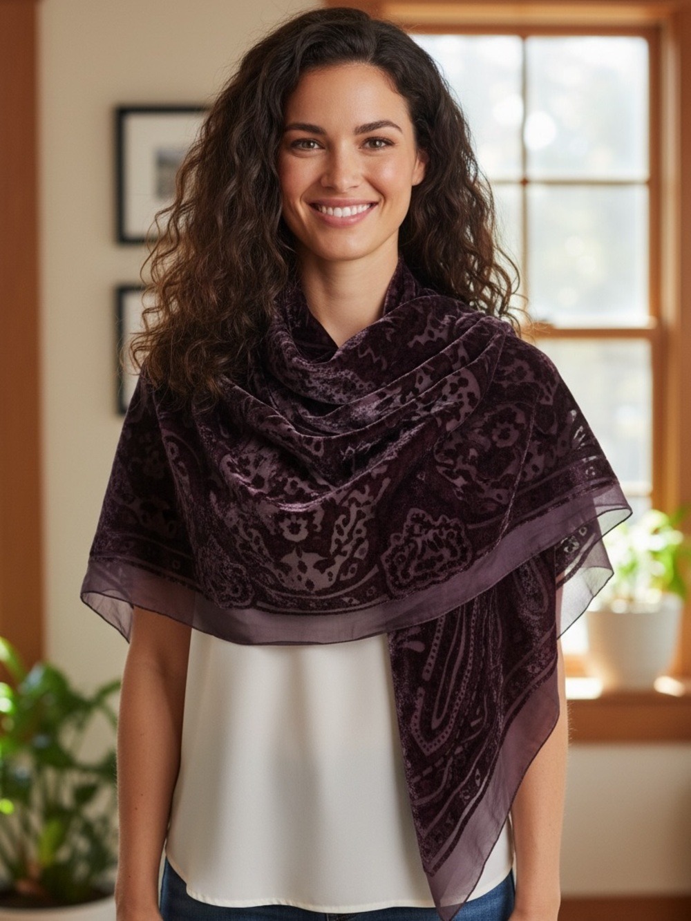 TANNER SILK BLEND PLUM SHEER W VELVET BURN OUT BOHO PAISLEY WRAP SCARF 42”SQ